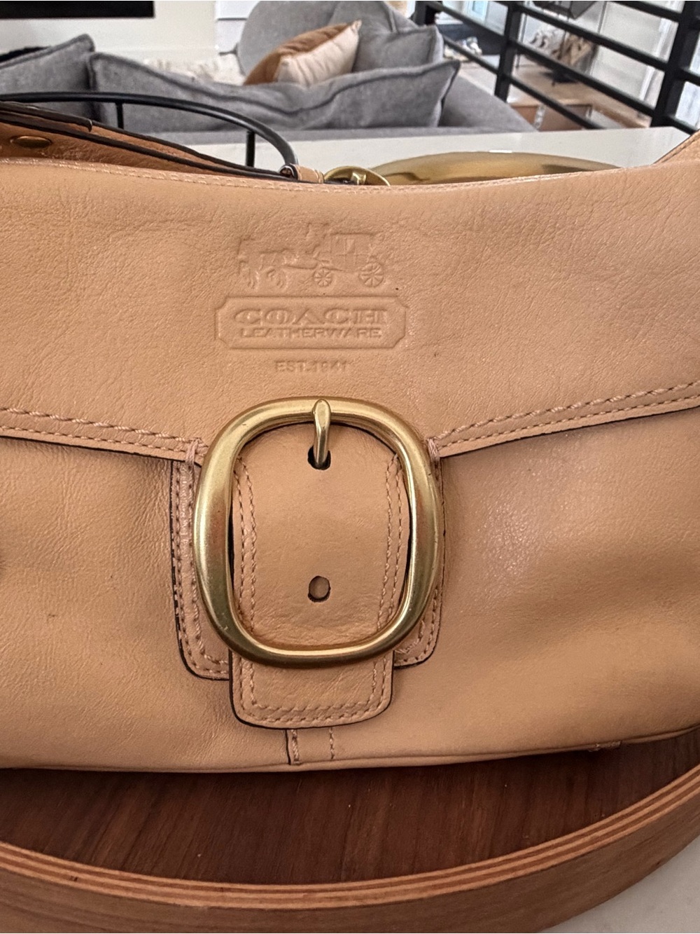 Vintage Coach Bleeker Tan Leather Shoulder Bag with Gold Buckle